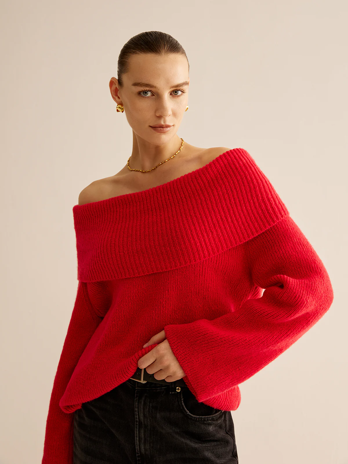 Off-Shoulder Ribbed Sweater - Takermore