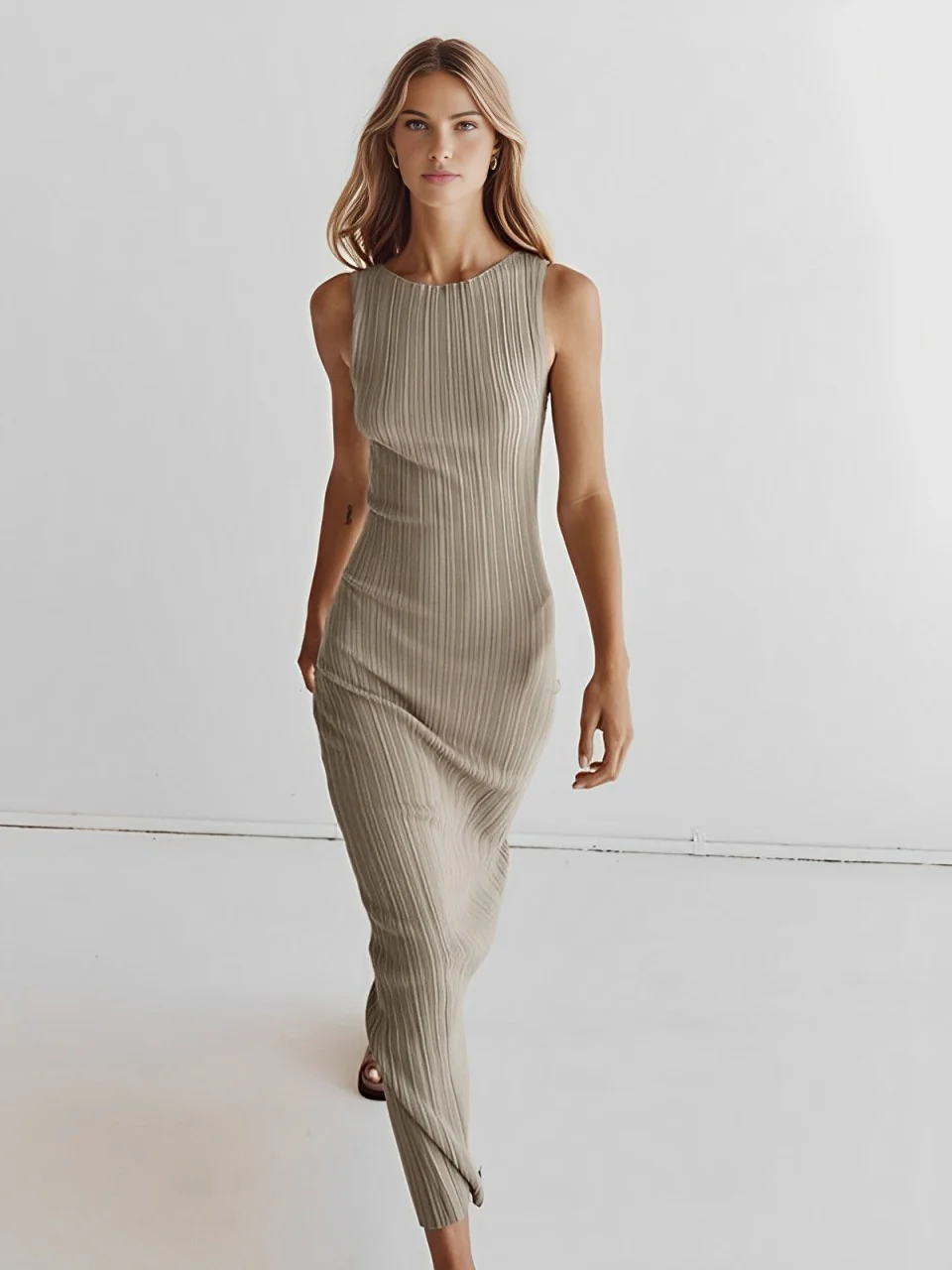Ribbed Sleeveless Knit Long Dress - Takermore