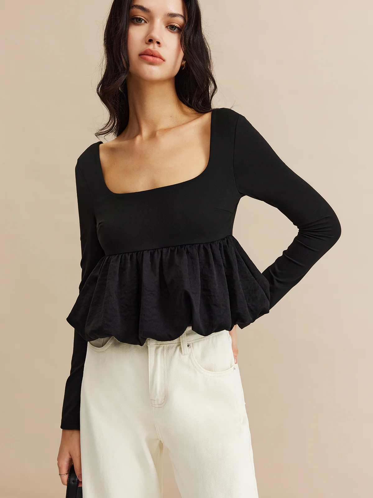 Square Neck Bud Waist Blouse - Takermore
