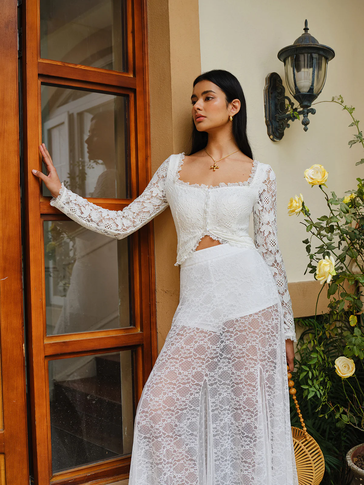 Semi-Sheer Lace Ruffled Trim Buttoned Crop Top - Takermore