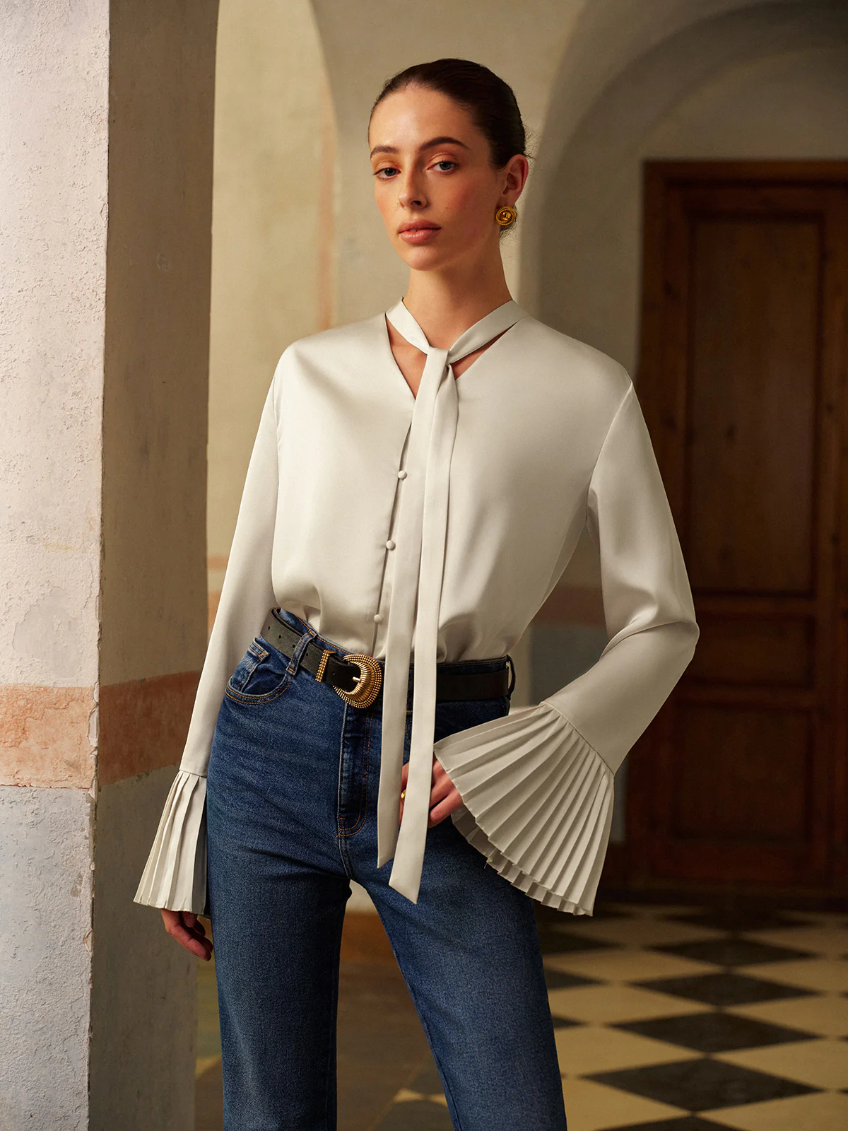 V-Neck Satin Pleated Blouse With Ribbon - Takermore