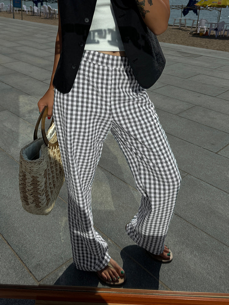 Casual Plaid Wide Leg Pants - Takermore