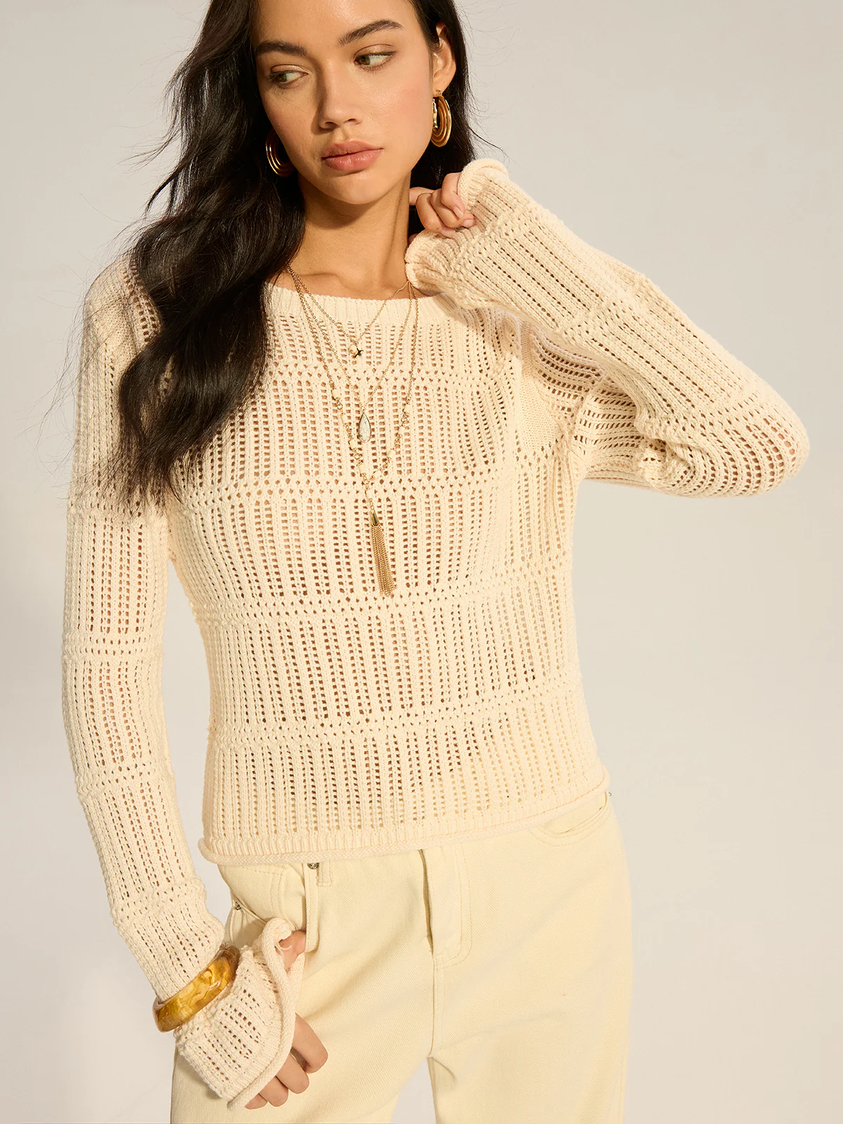 Mesh-Knit Long-Sleeve Sweater - Takermore