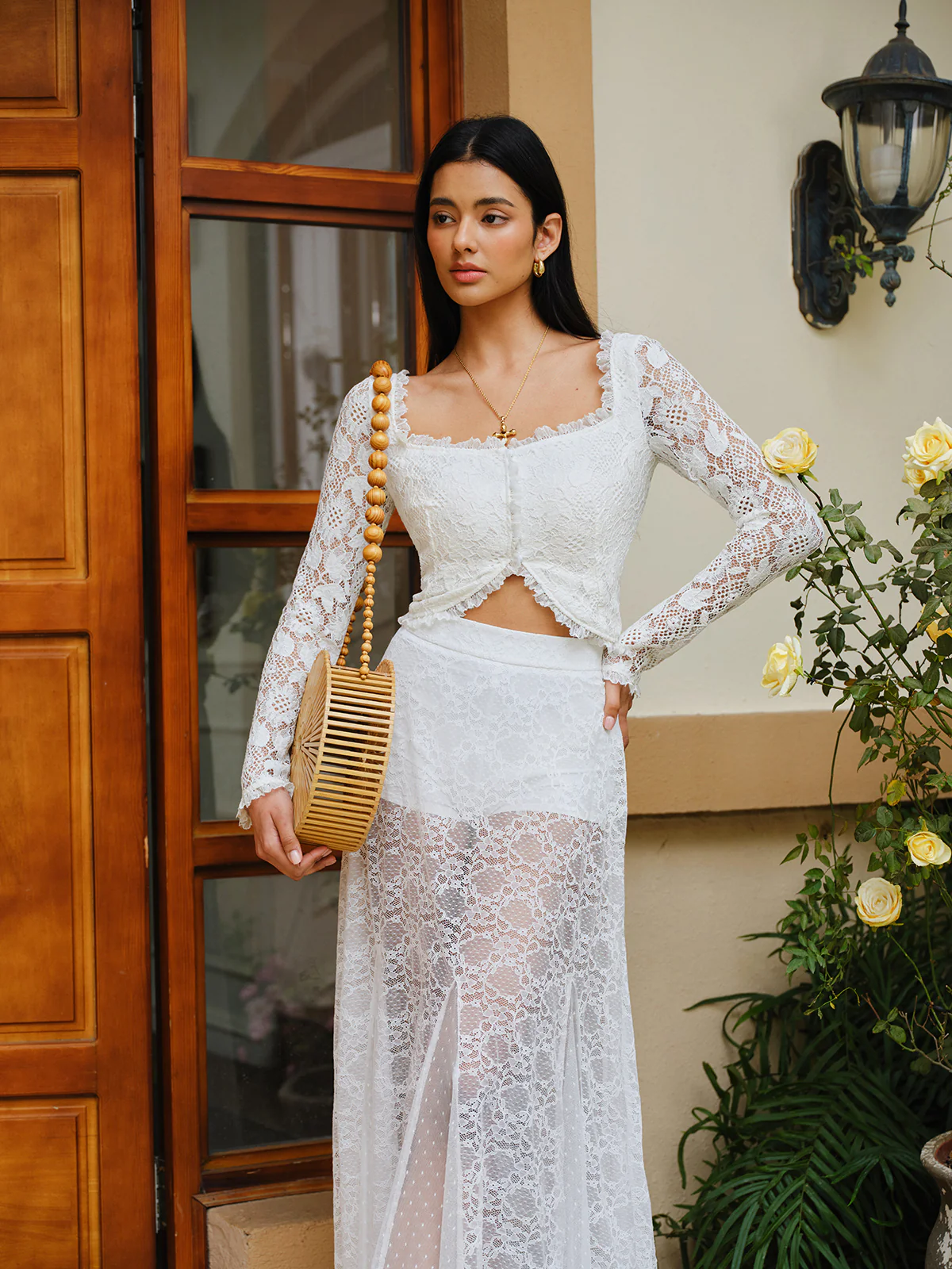 Semi-Sheer Lace Ruffled Trim Buttoned Crop Top - Takermore