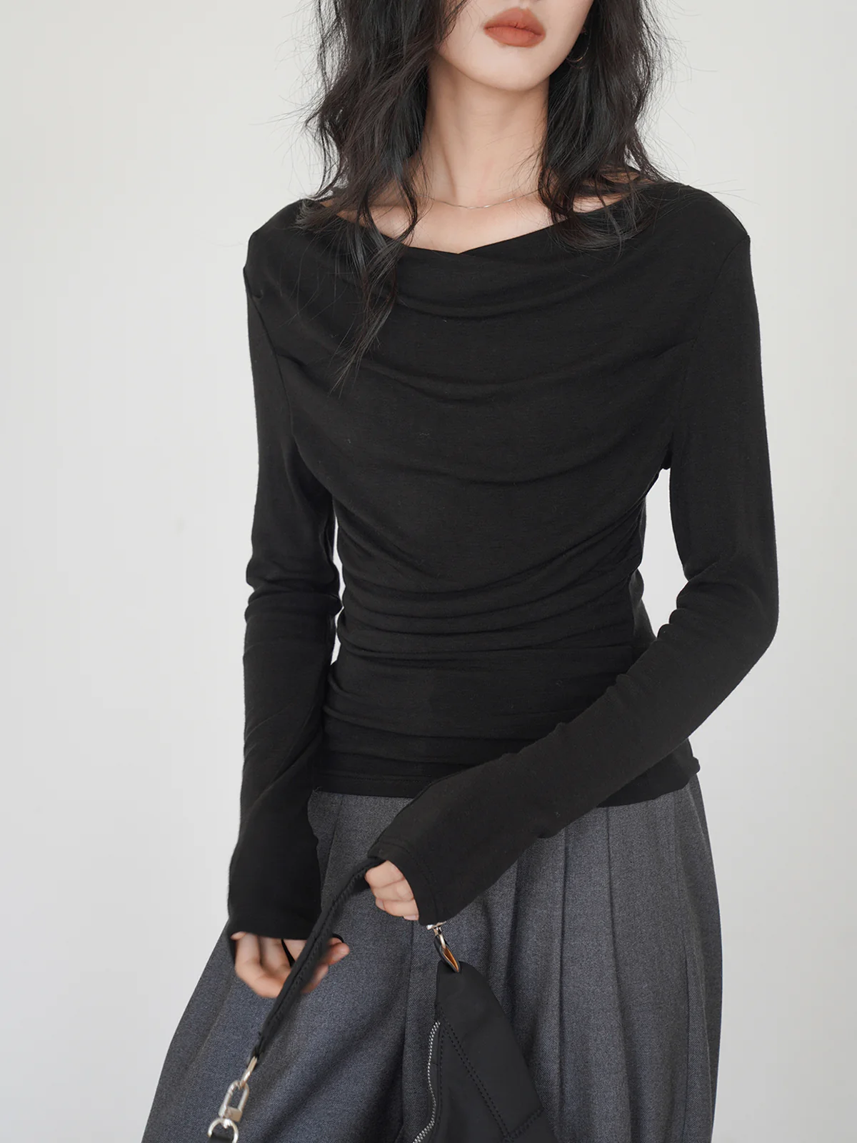 Draped Long Sleeve Slinky Shirt - Takermore