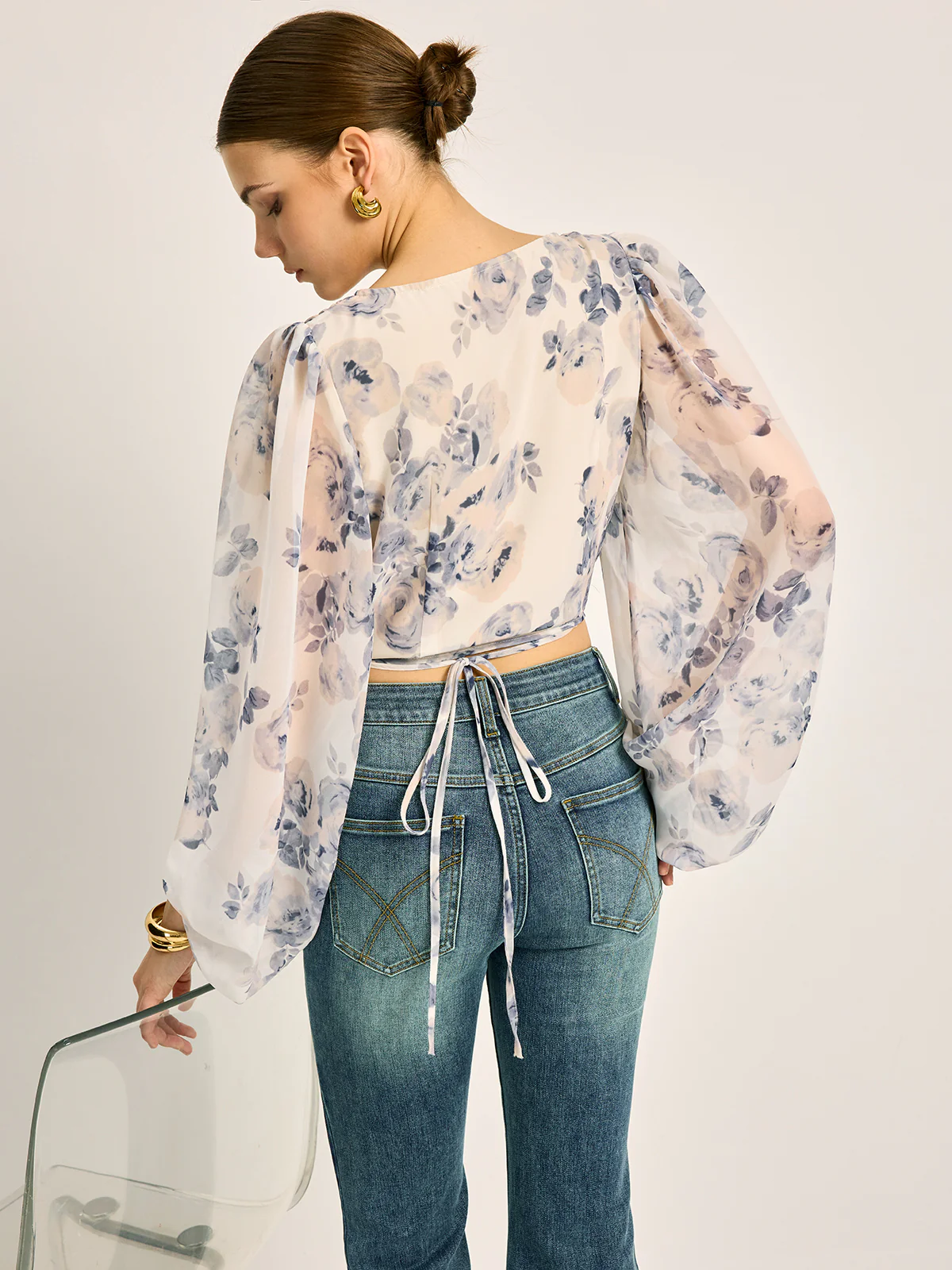 Semi-Sheer Chiffon Floral V-Neck Balloon Sleeve Blouse - Takermore