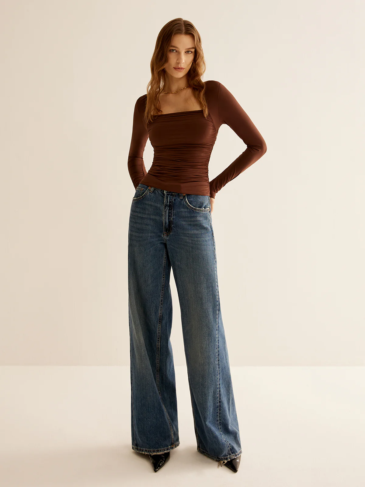 Square Neck Pleated Skinny T-Shirt - Takermore