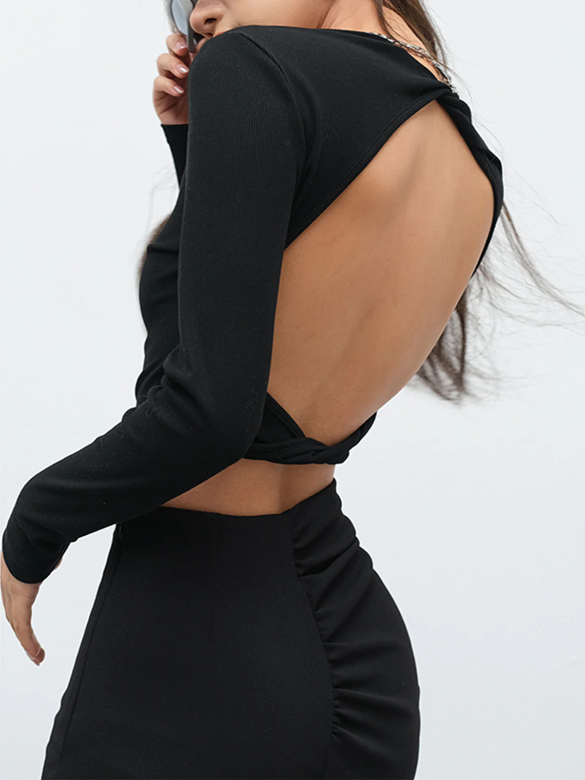 Open Back Twist Long Sleeve Crop Shirt - Takermore
