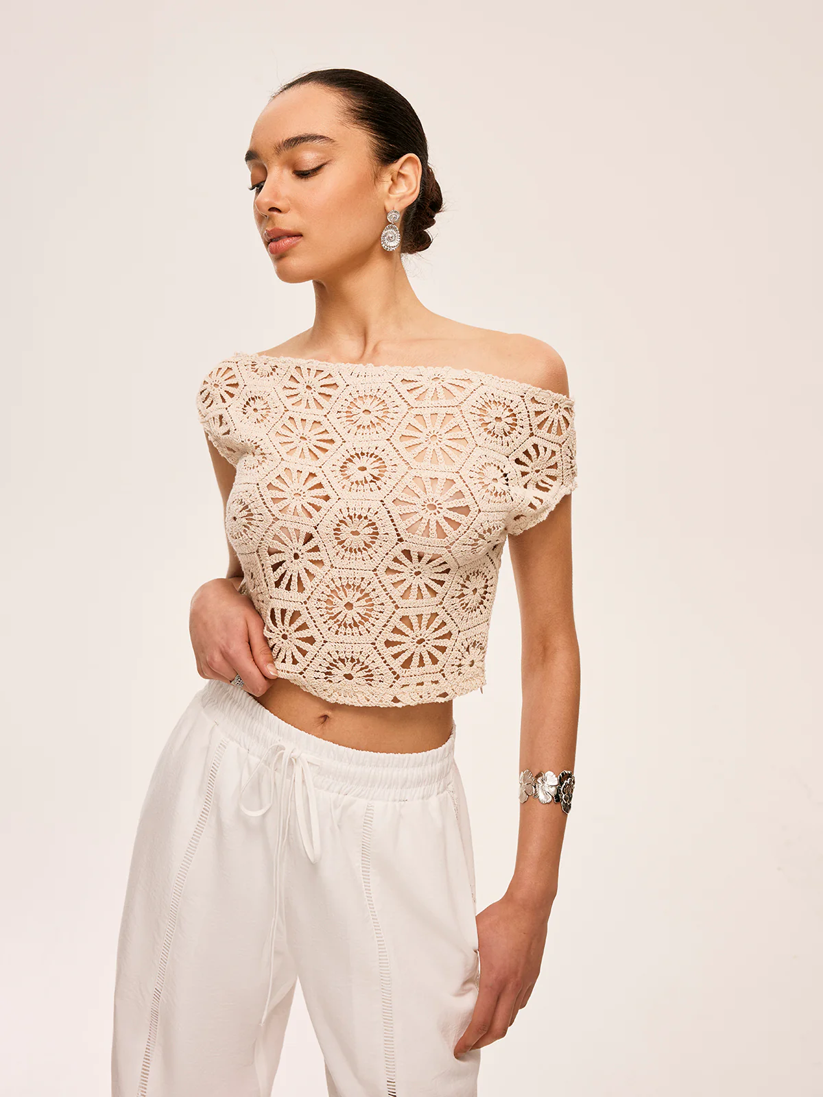Asymmetrical Off-Shoulder Semi-Sheer Crochet Top - Takermore