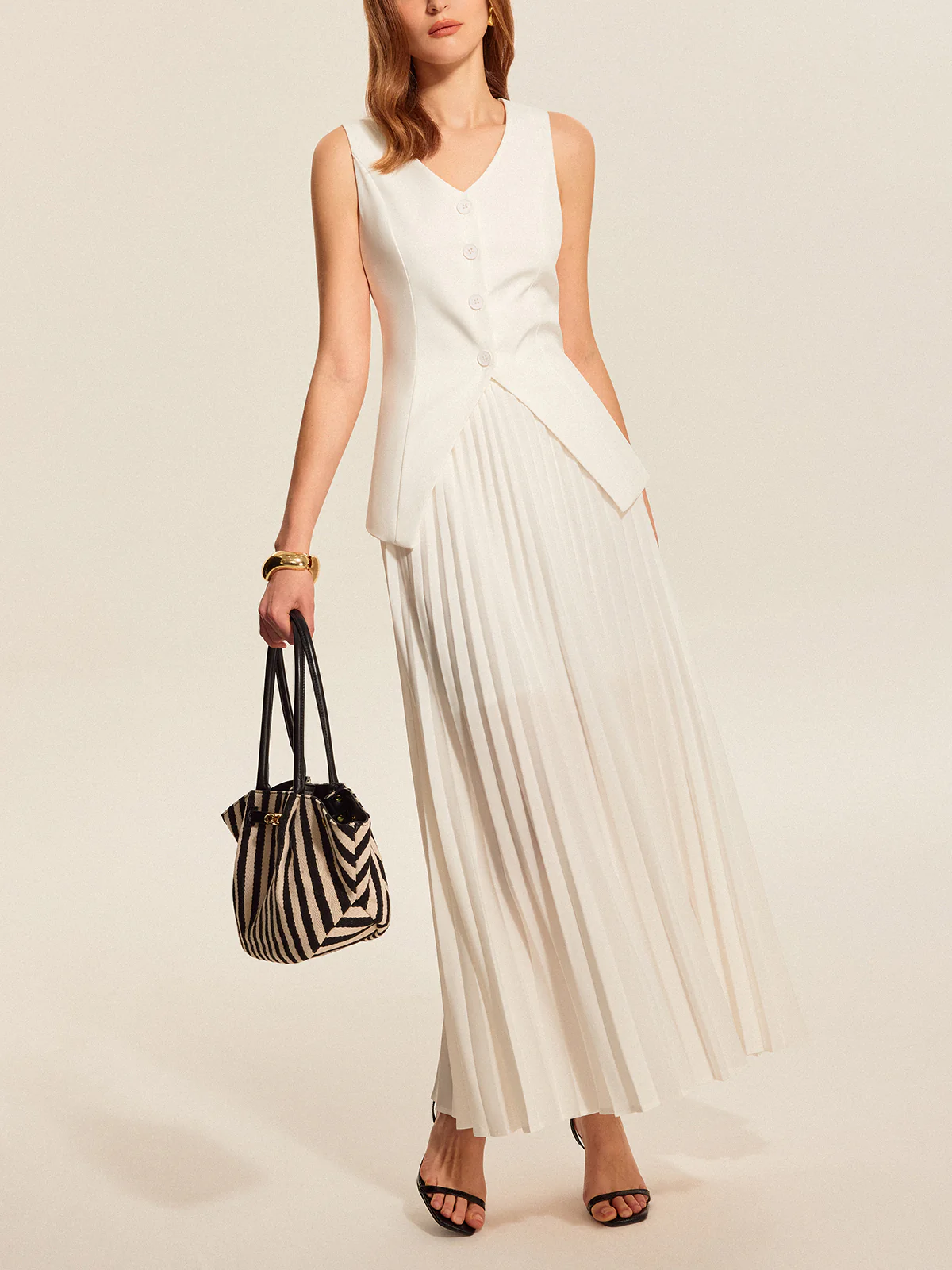 Buttoned Vest Pleated Skirt Set - Takermore