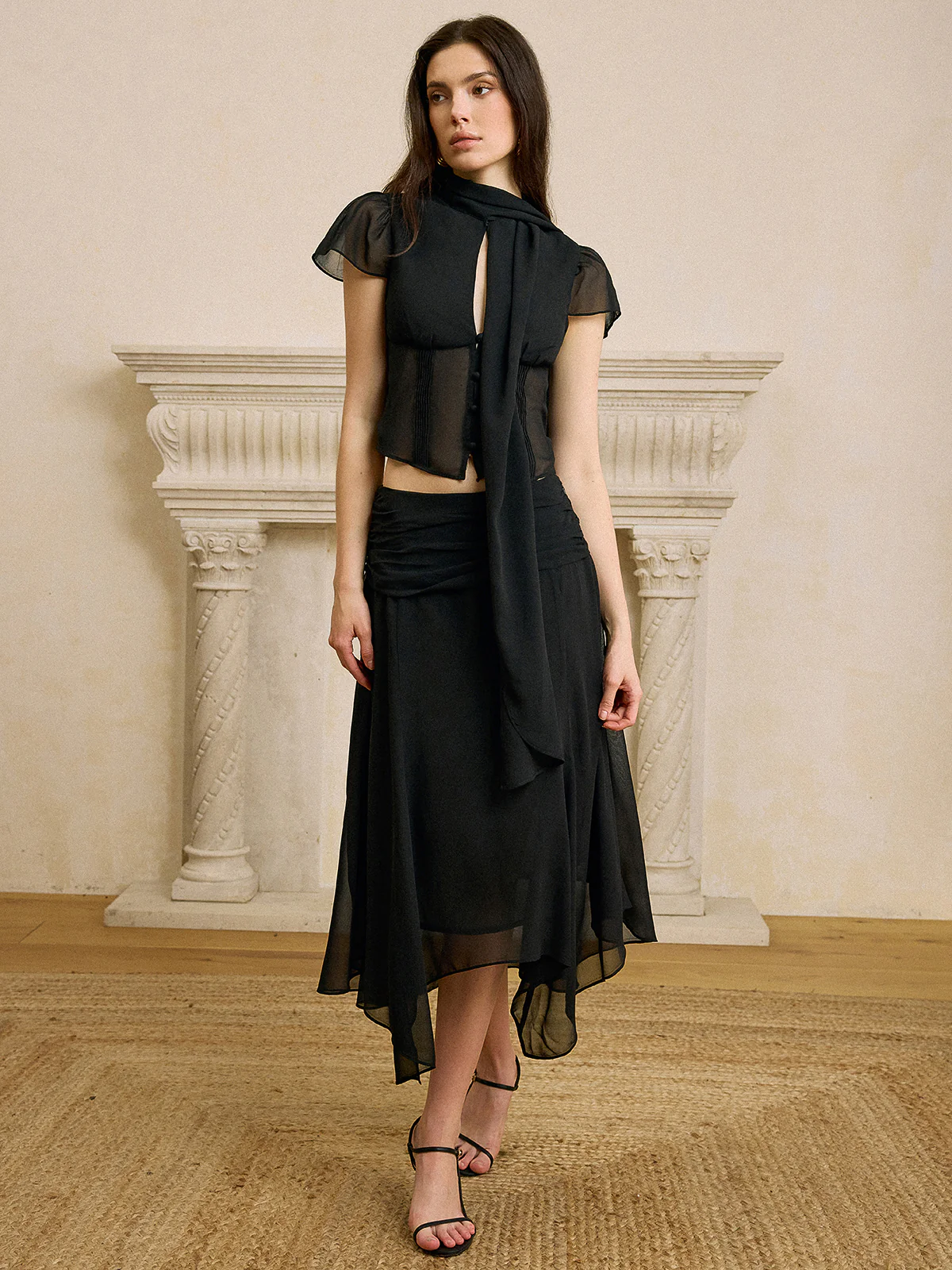 Scarf Neckline Chiffon Skirt Set - Takermore