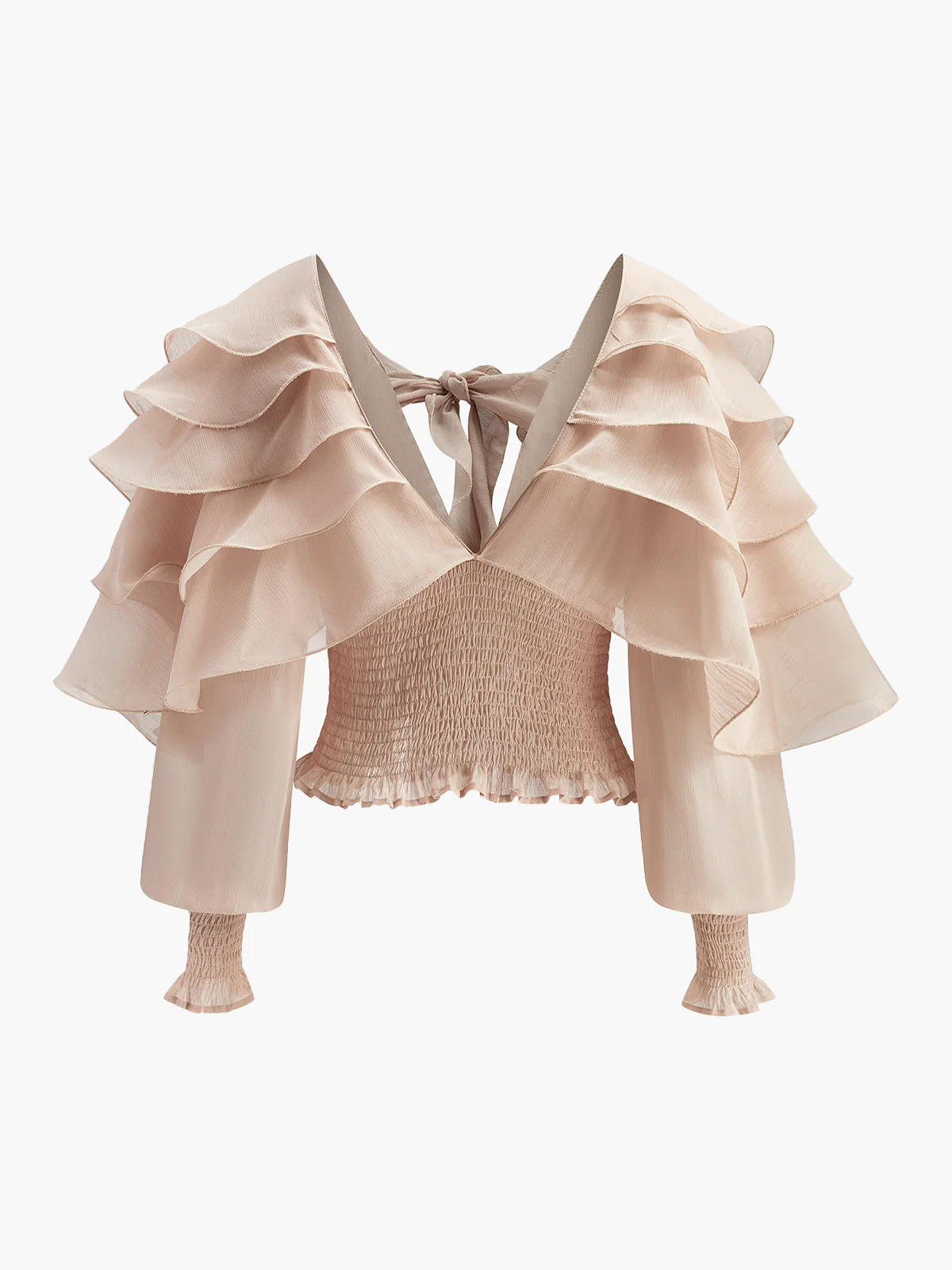 Semi-Sheer Chiffon Ruffle Backless Top - Takermore