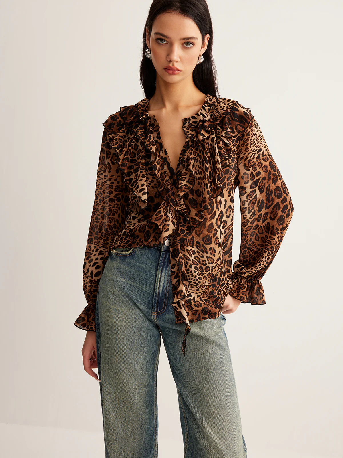 Leopard Printed Ruffle Blouse - Takermore