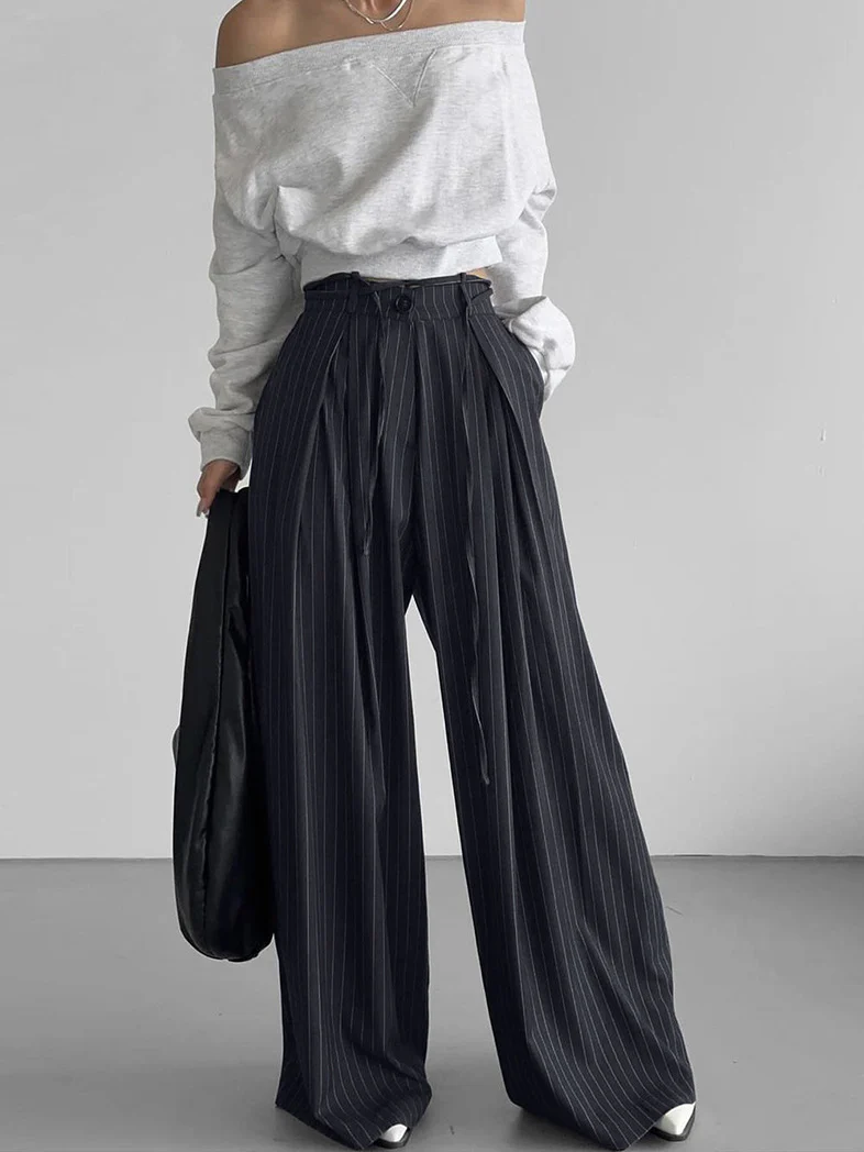 Drawstring Pinstripe Wide-Leg Pants - Takermore