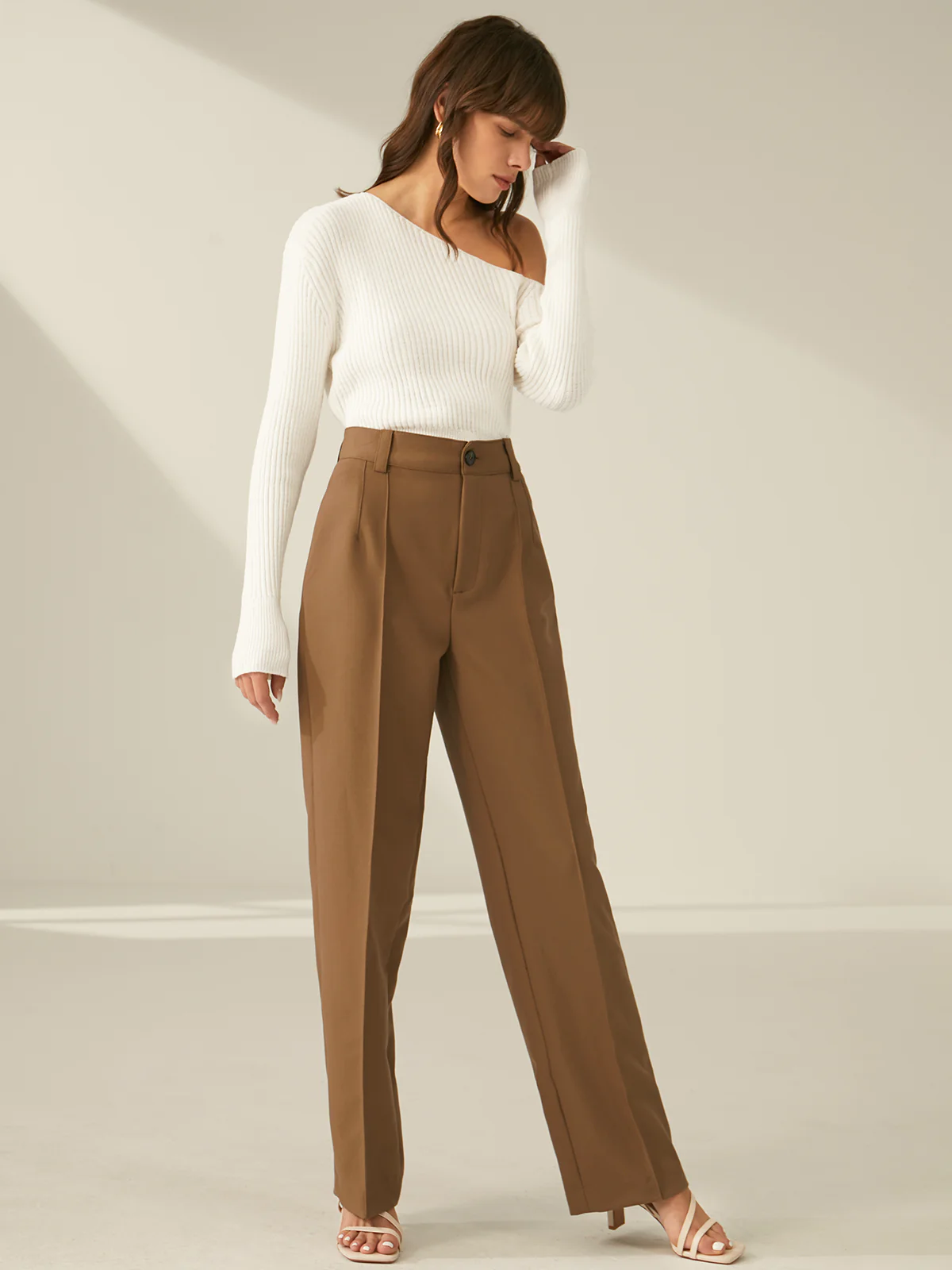 One Shoulder Long Sleeve Ribbed Pullover Sweater - Takermore