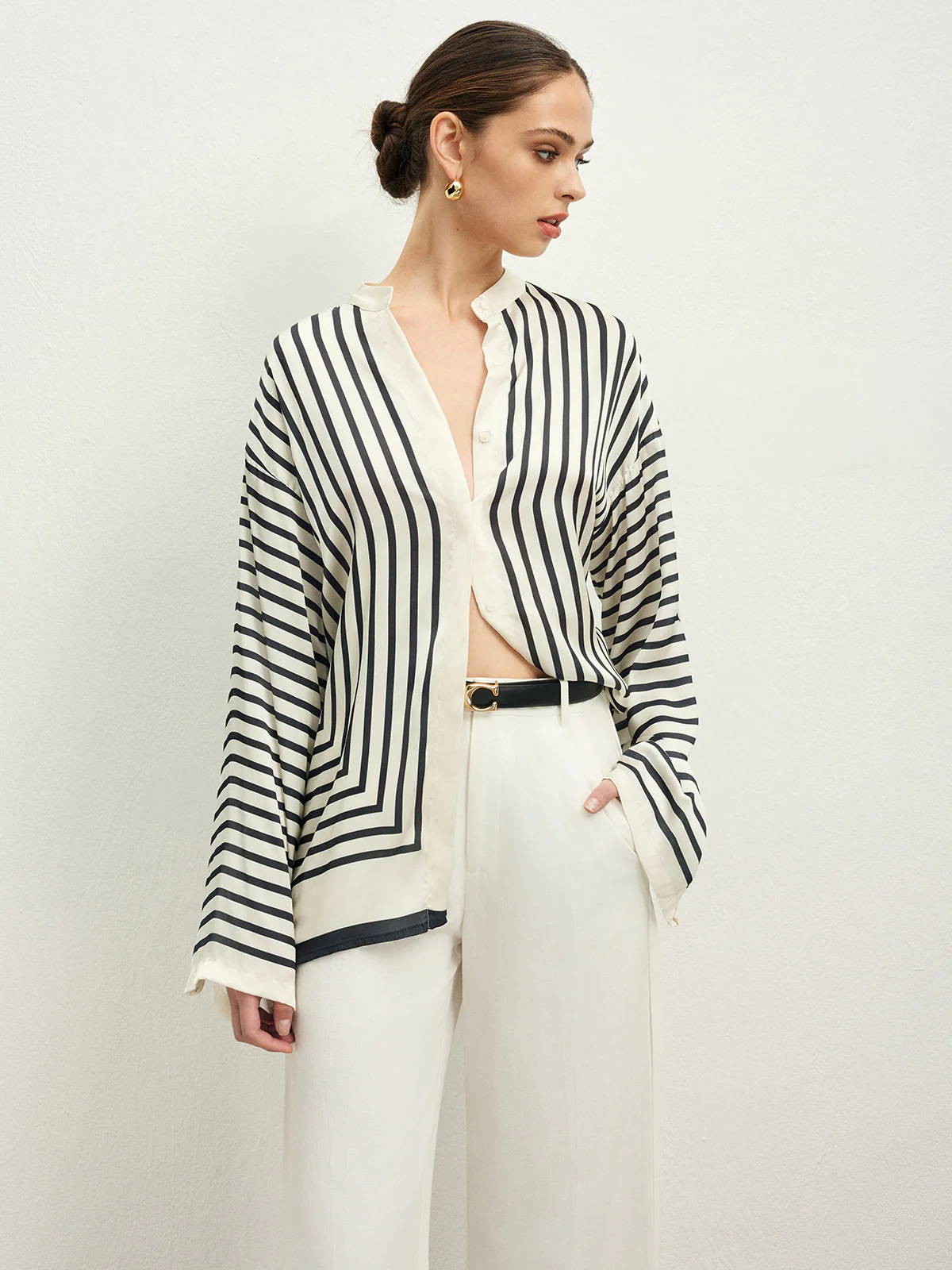 Satin Striped Button Cozy Blouse - Takermore