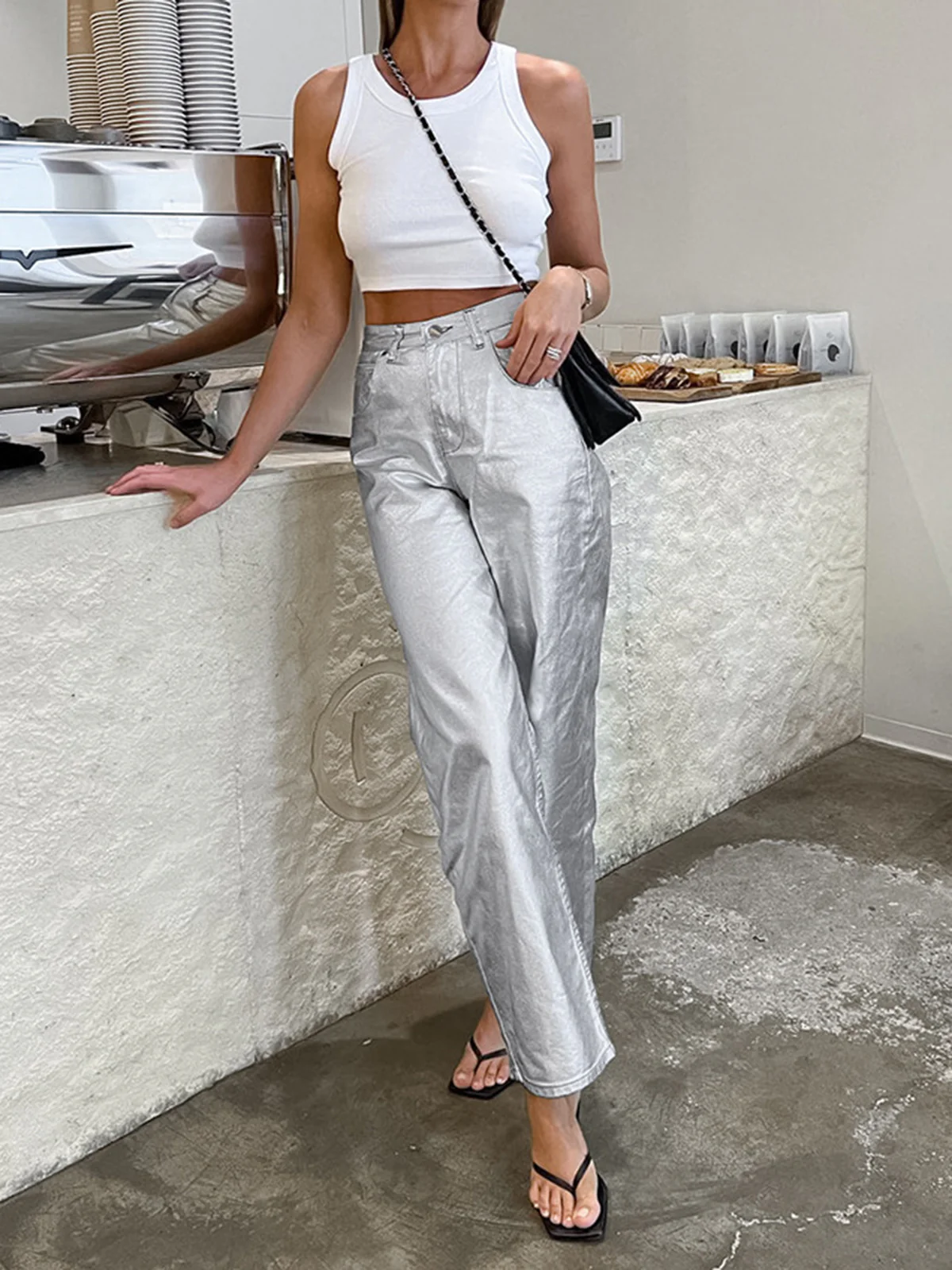 Metallic Leather Straight Leg Pants - Takermore