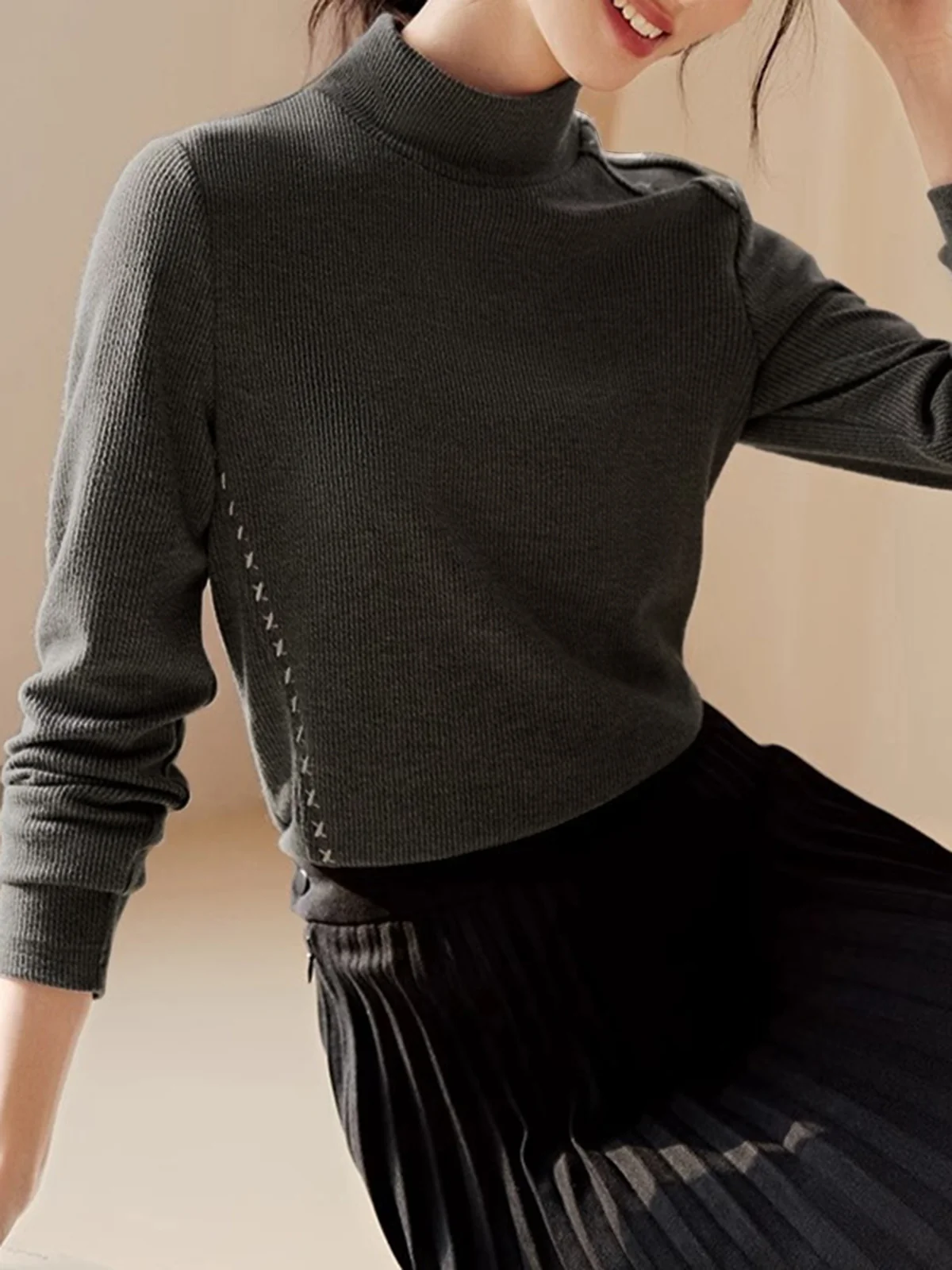 Mock Neck Ribbed Embroidered Trim T-Shirt - Takermore