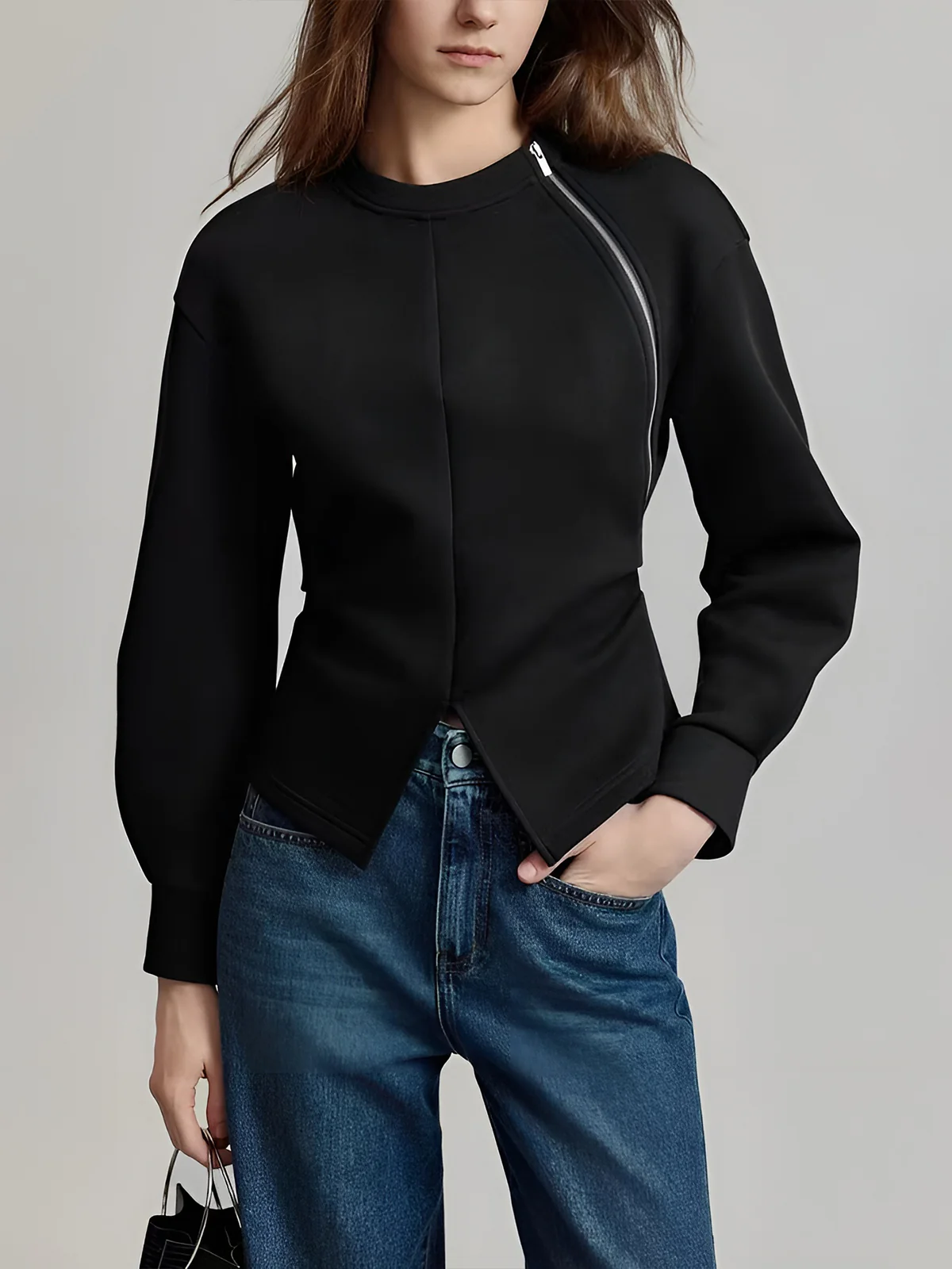Plain Zipper Split Blouse - Takermore