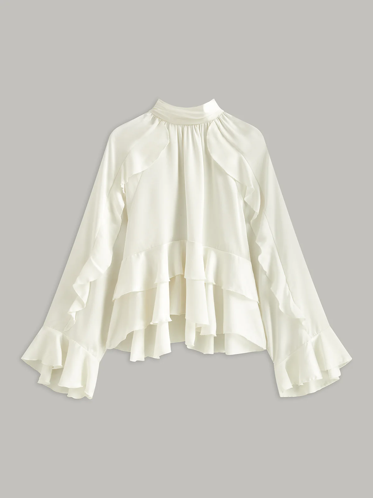 Stand Collar Button Ruffle Peplum Blouse - Takermore