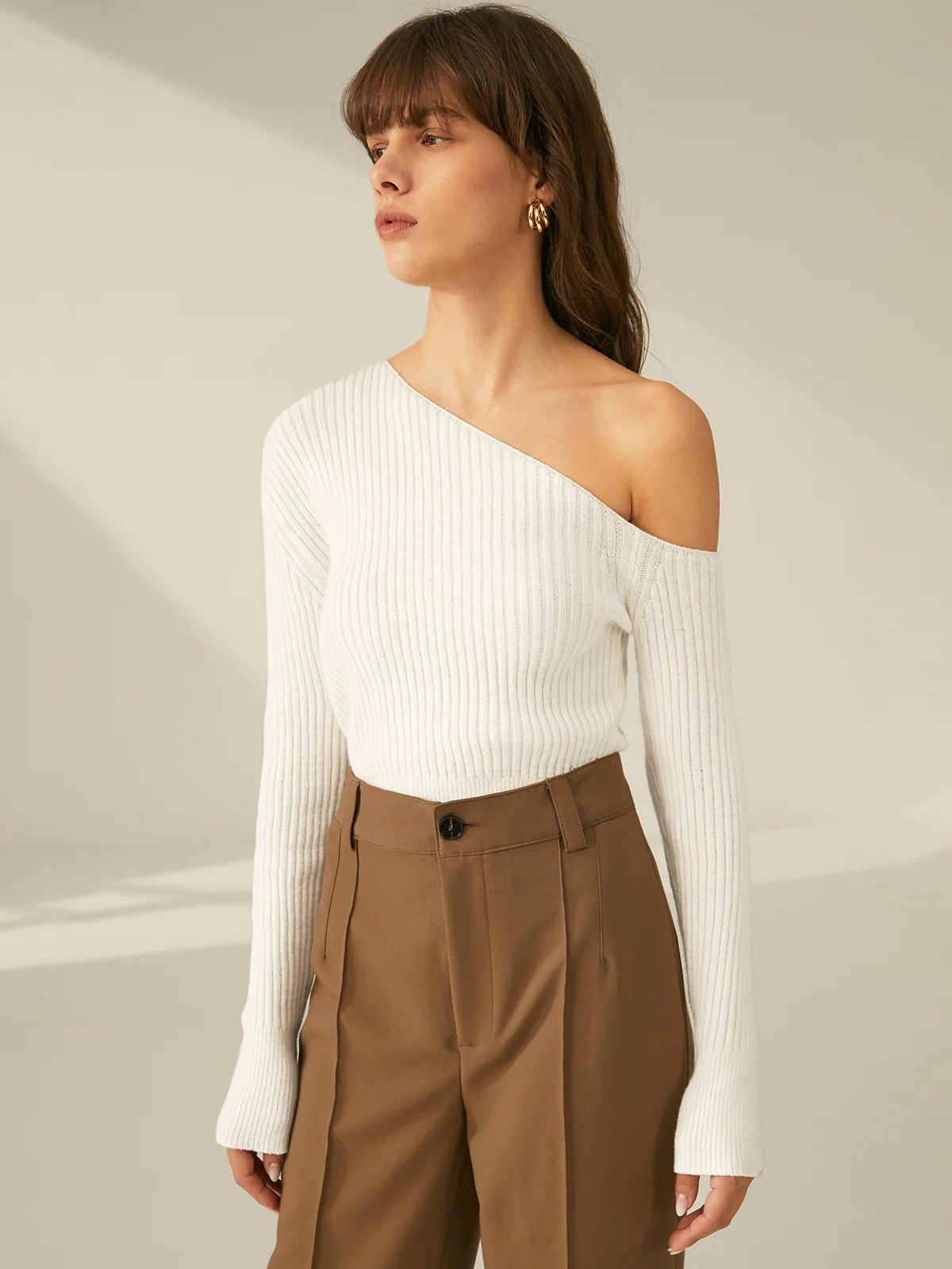 One Shoulder Long Sleeve Ribbed Pullover Sweater - Takermore