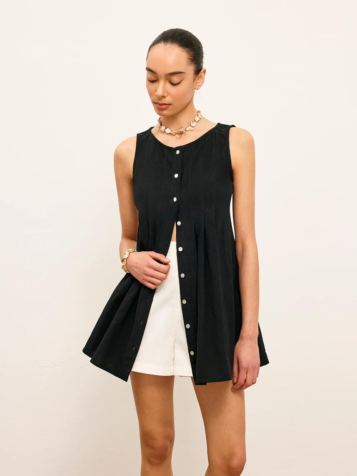 Cotton & Linen Pleated Button-Up Top - Takermore