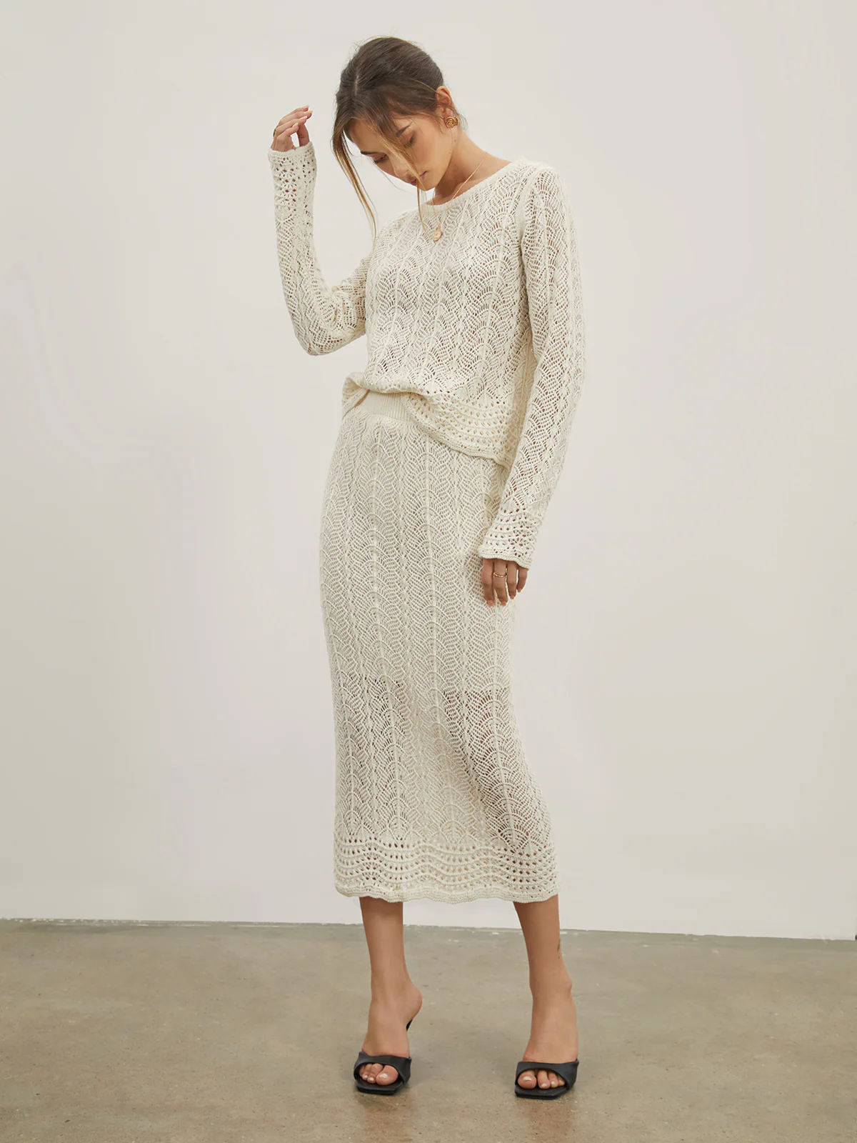 Eyelet Cable Knit Two Piece Skirt Set - Takermore