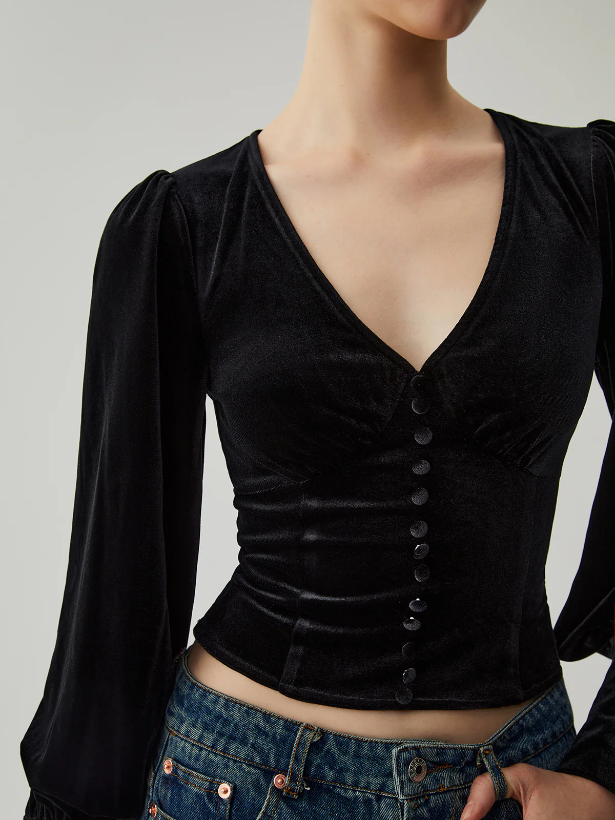Velvet Buttoned V-neck Long Sleeve Crop Top - Takermore