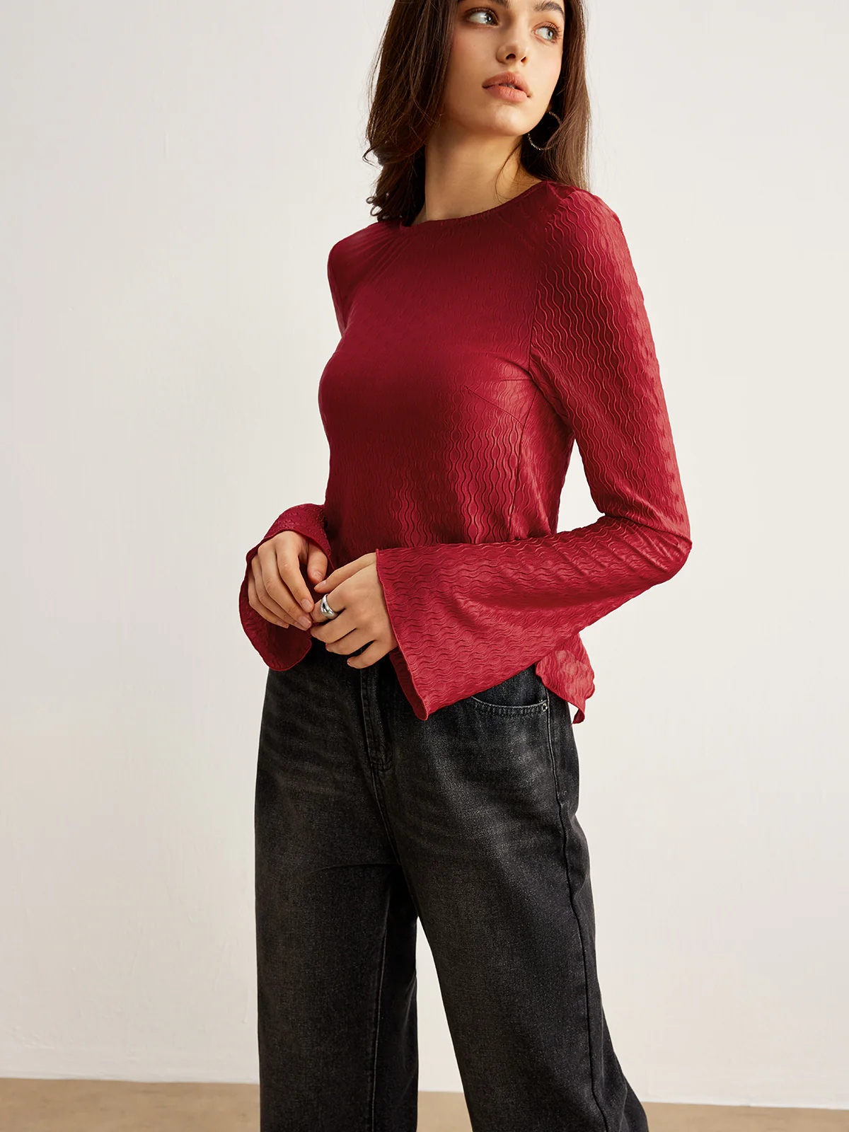 Curve Textured Backless Tie Blouse - Takermore