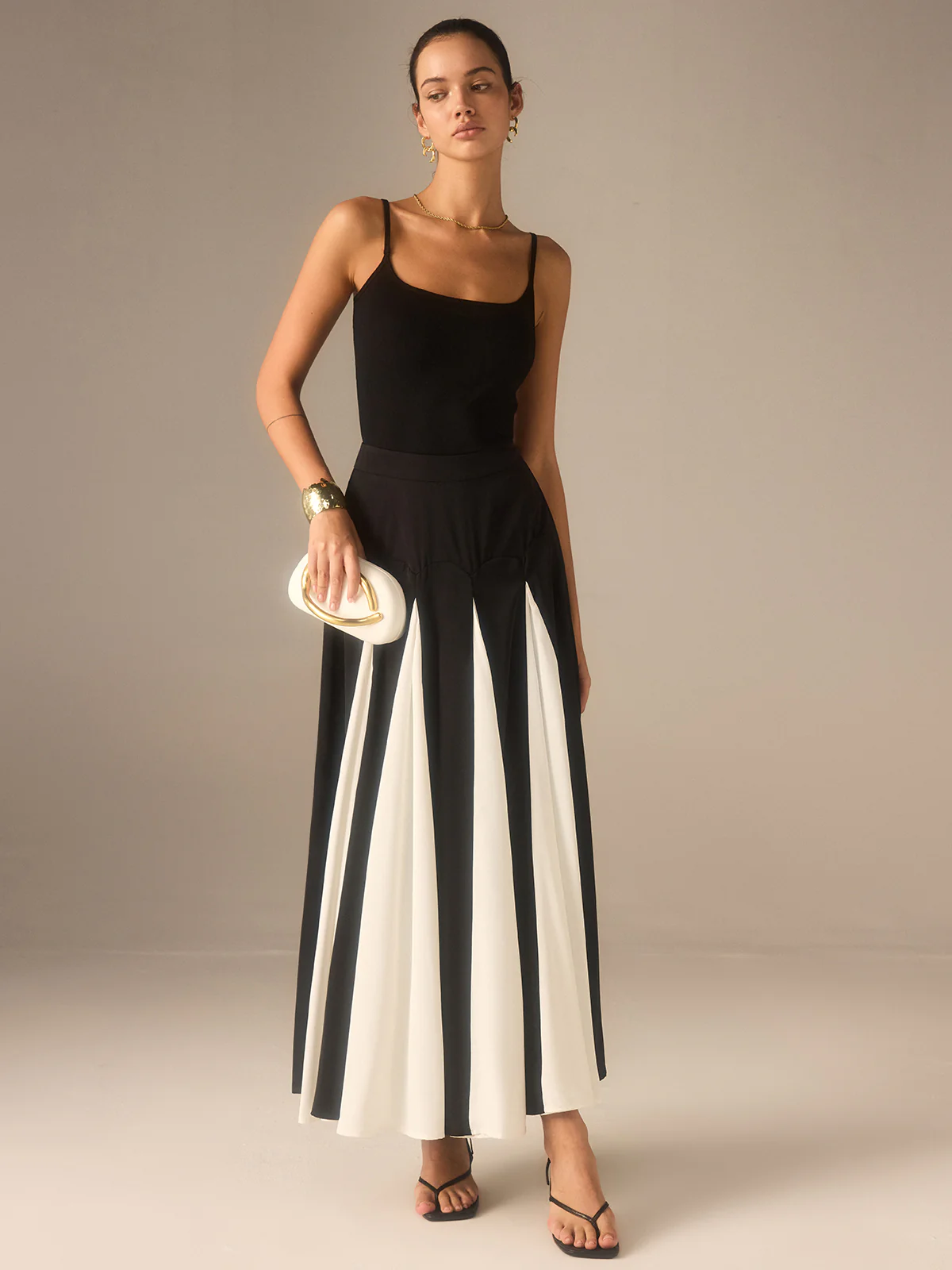 Color-Blocked Midi Skirt with Insert Panels - Takermore