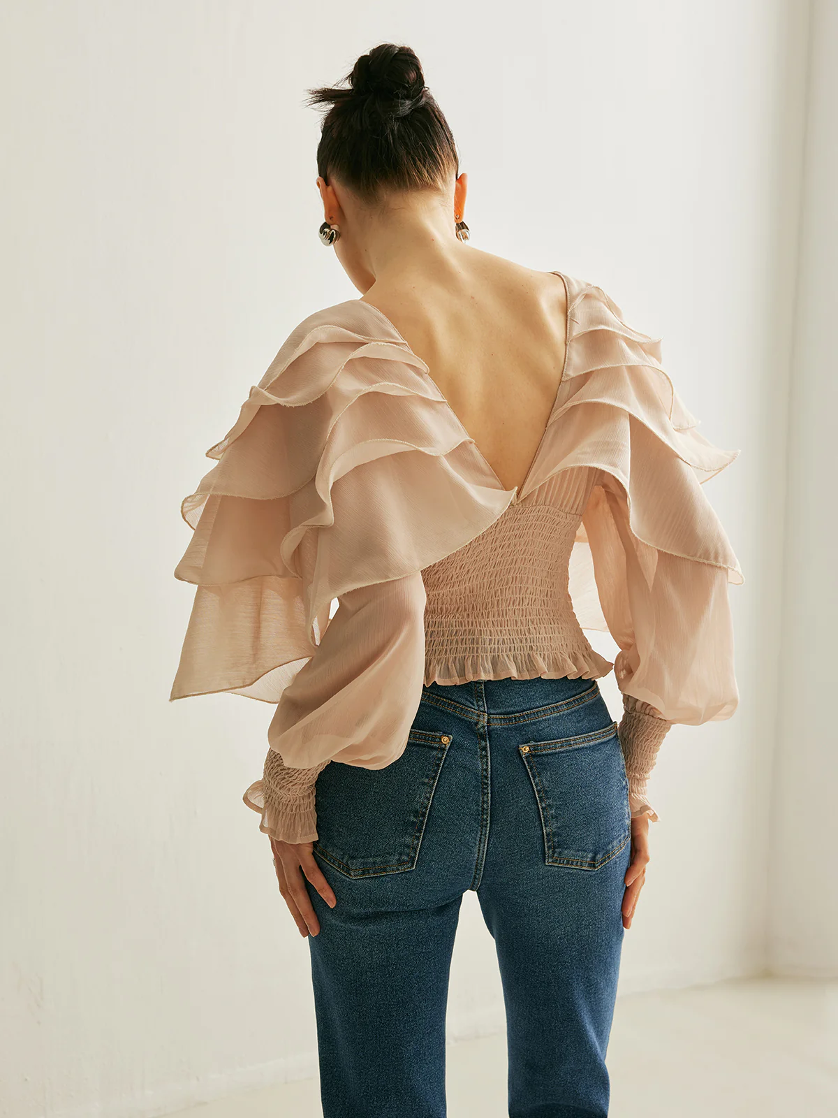 Semi-Sheer Chiffon Ruffle Backless Top - Takermore