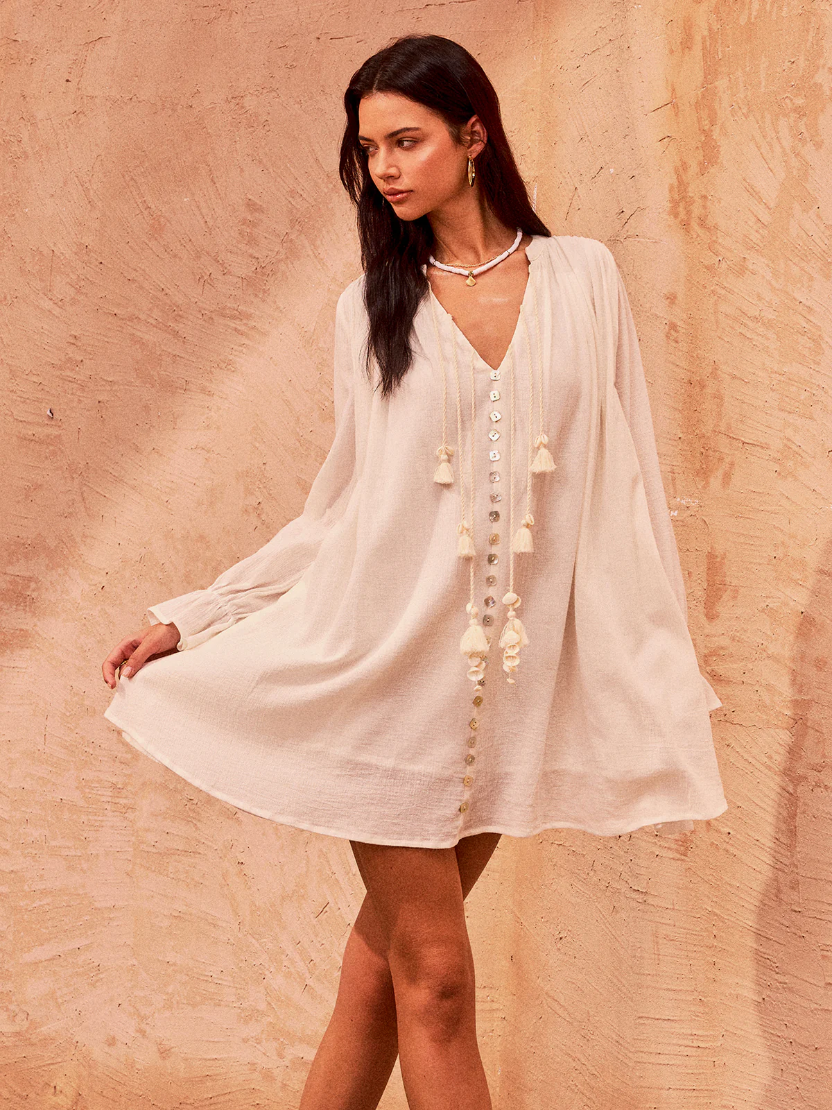 Tasseled Button Cotton Mini Dress - Takermore