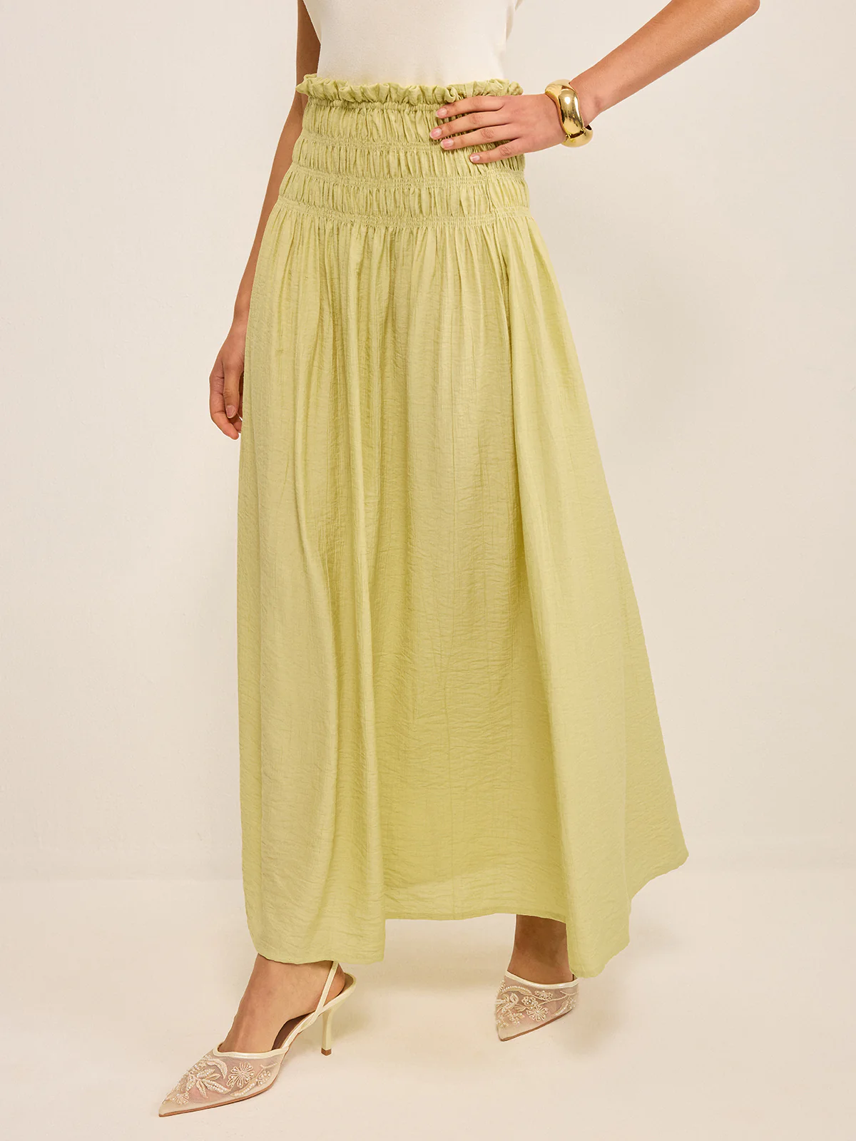 Pleated Linen Smocked Maxi Skirt - Takermore
