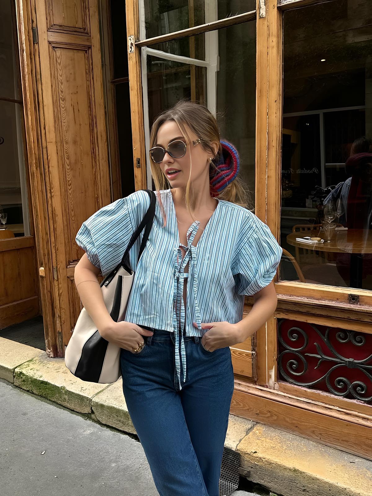 Stripe Tie Neck Blouse - Takermore