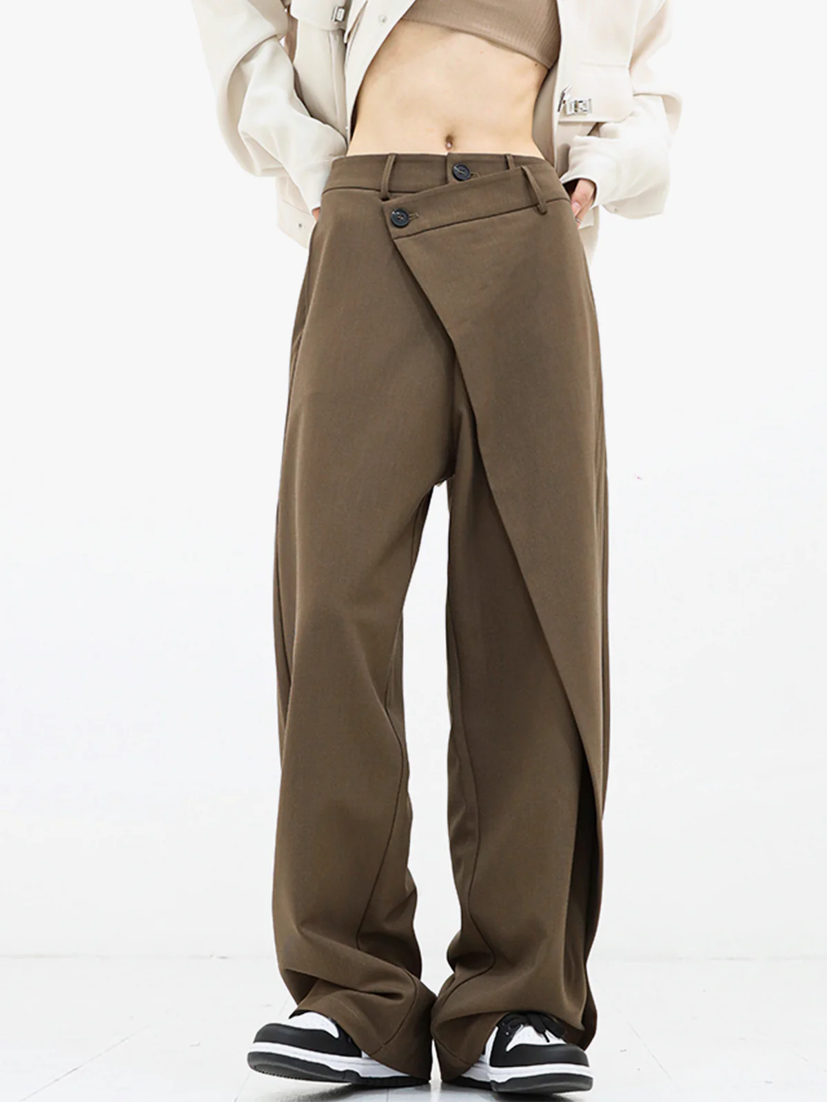 Asymmetrical Layer Button Wide Leg Dress Pants - Takermore