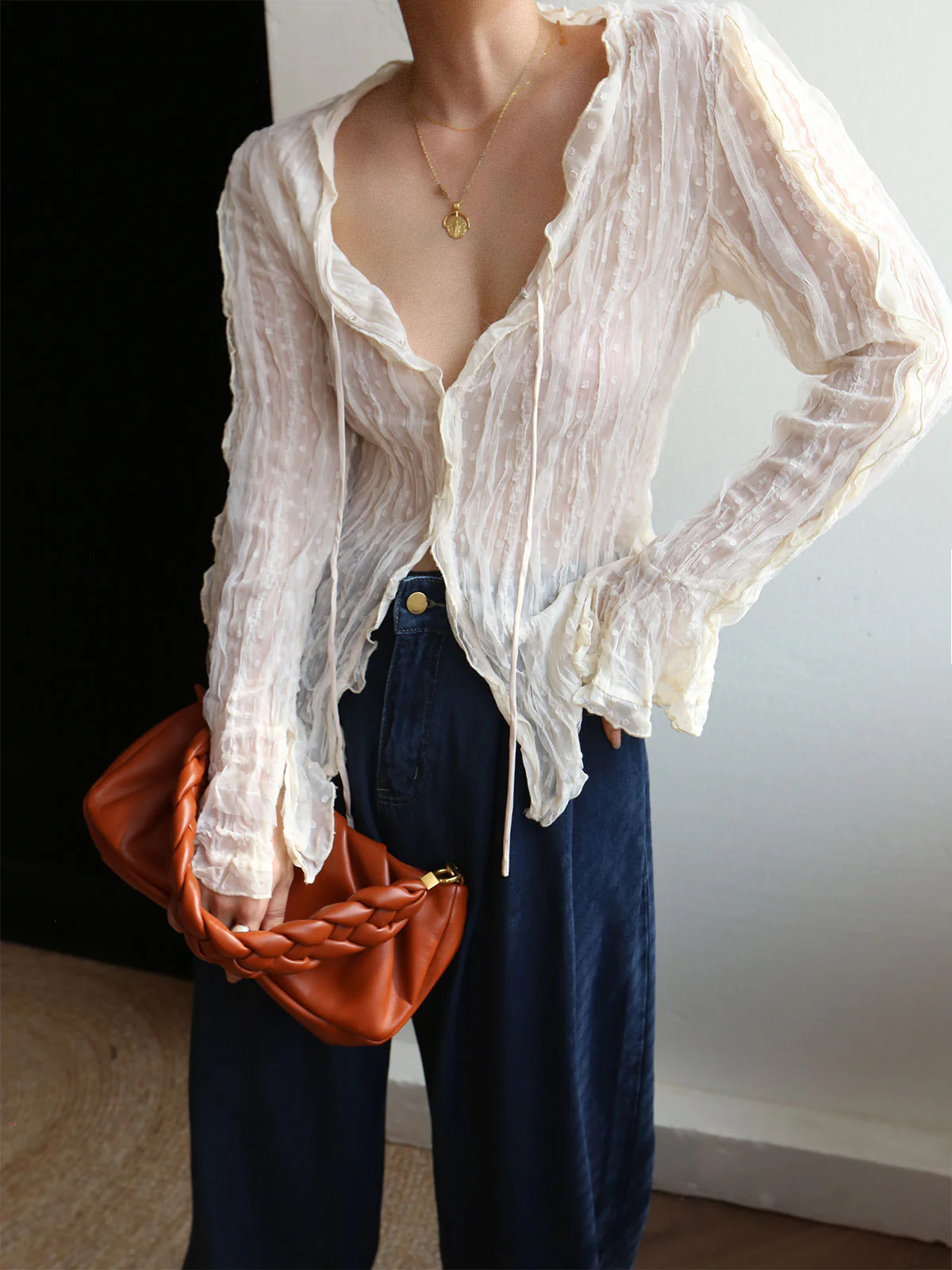 Chiffon Sheer Lettuce Trim Long Sleeve Blouse - Takermore
