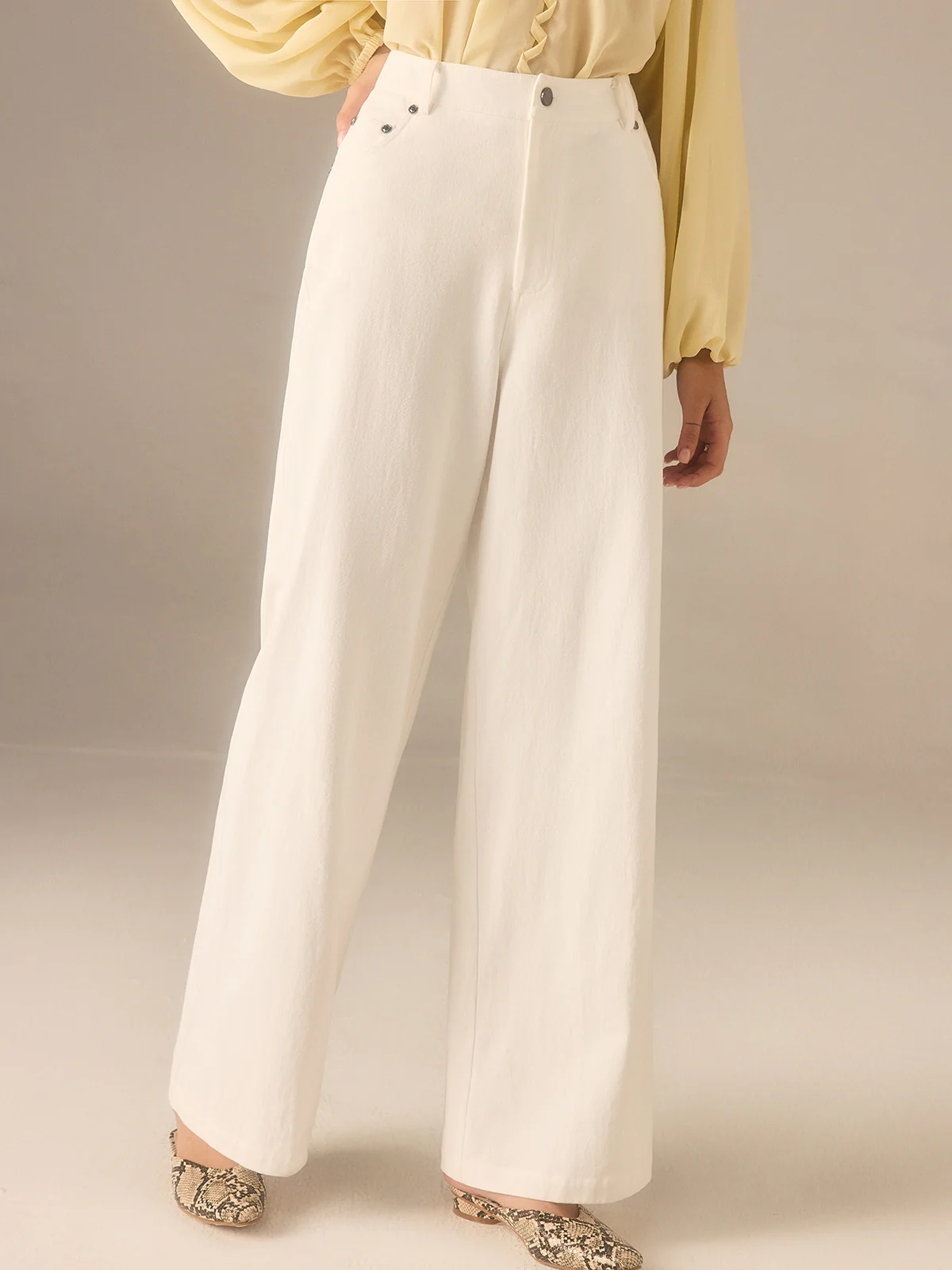Cotton Twill Wide-Leg Pants with Metal Rivet Button - Takermore