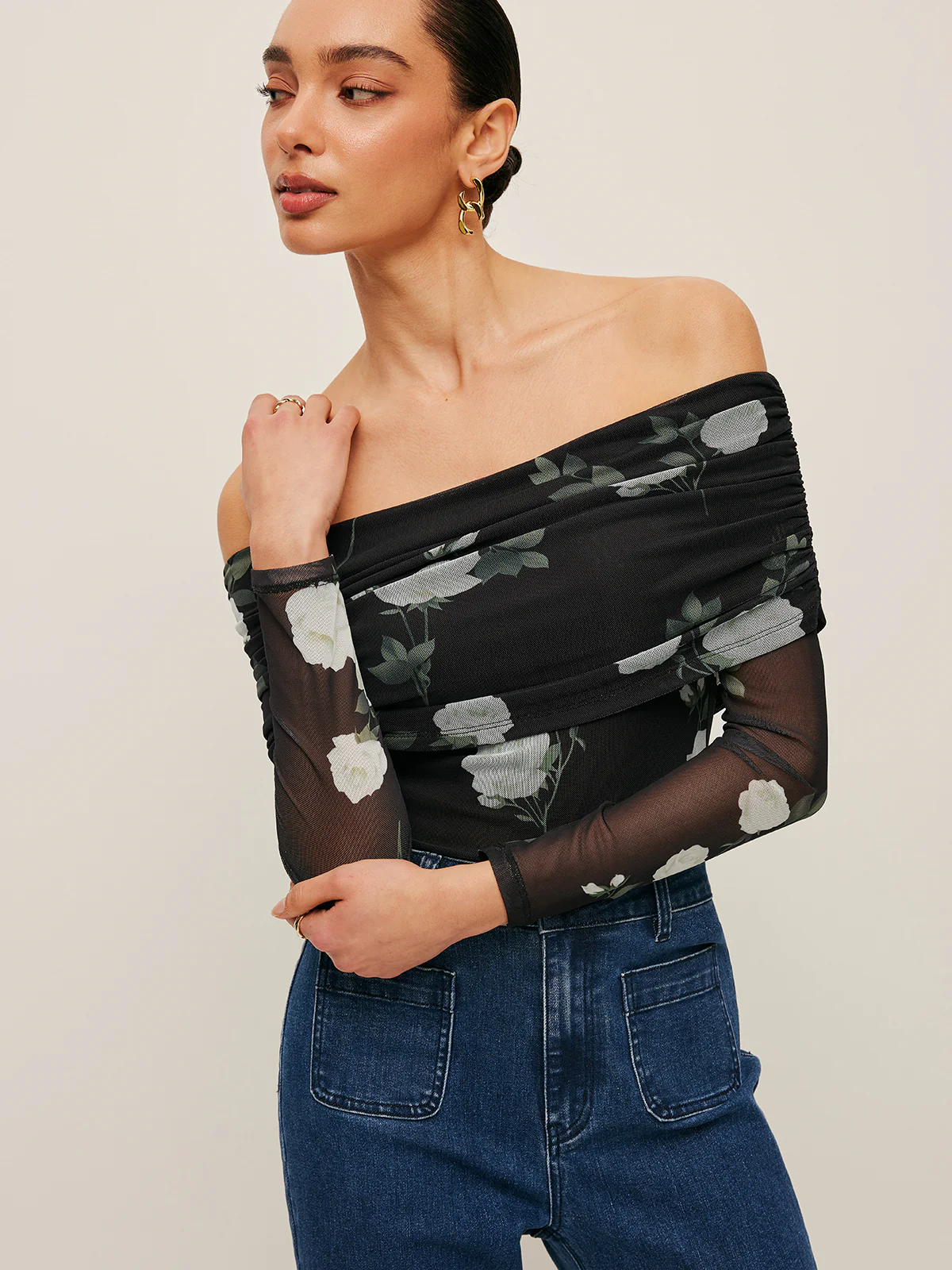 Semi-Sheer Floral Off-Shoulder Mesh Sleeve Top - Takermore