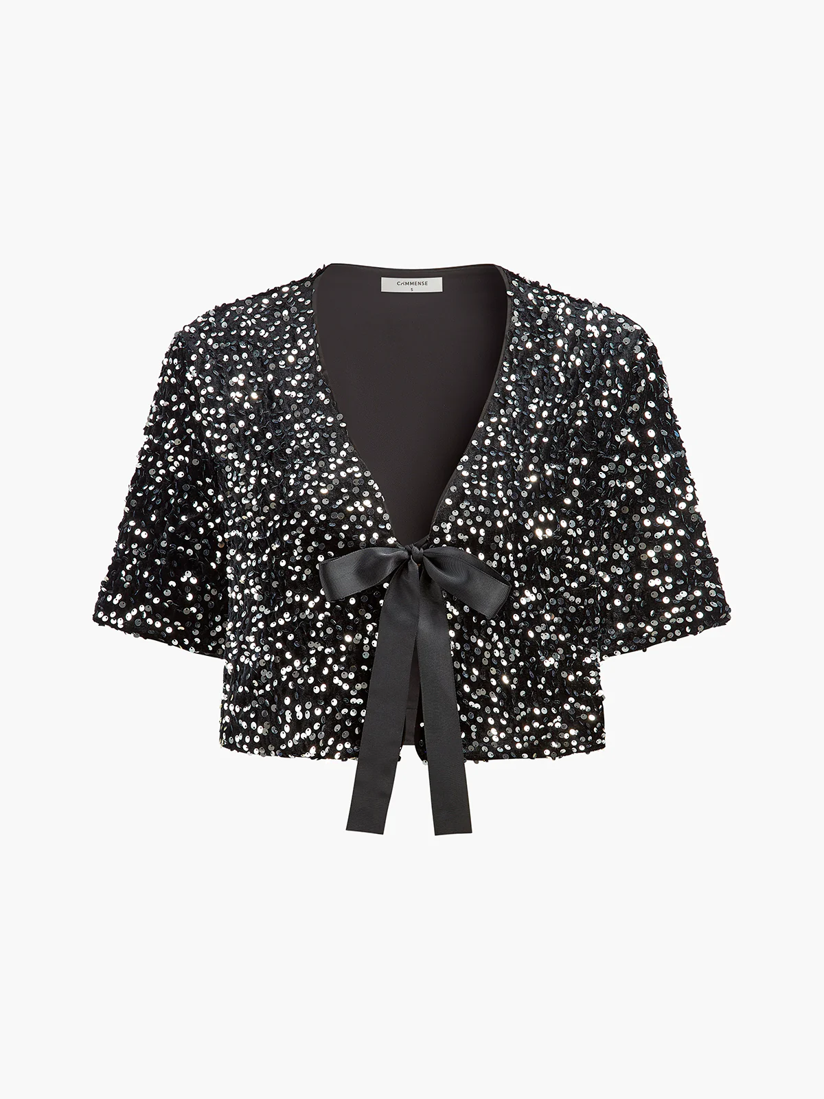 V-Neck Sequins Bow Blouse - Takermore